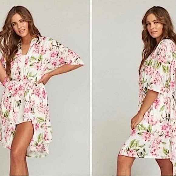 ANTHROPOLOGIE SHOW ME YOUR MUMU STRETCH BOHO WHITE PINK FLORAL SHORT ROBE OSFM - Picture 10 of 10